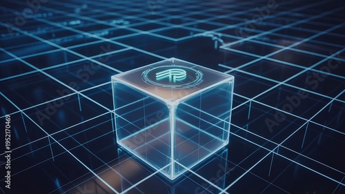Futuristic digital cube with glowing neon grid lines and abstract