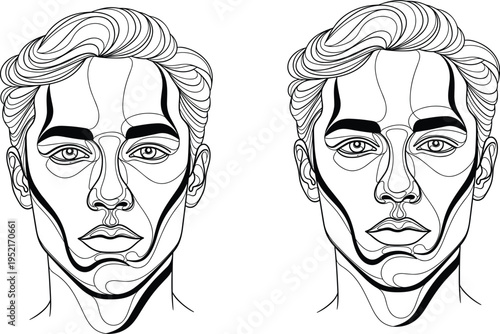 A vector art illustration of a smiling young man's face featuring a black hair sketch design and a person character expression on a clean white background