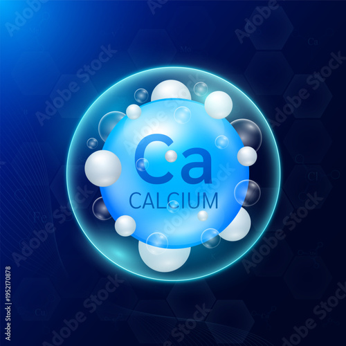 Atom molecular model of calcium minerals blue inside a transparent bubble on dark background. Essential supplement health. Science medical concept. Vector EPS10 illustration.