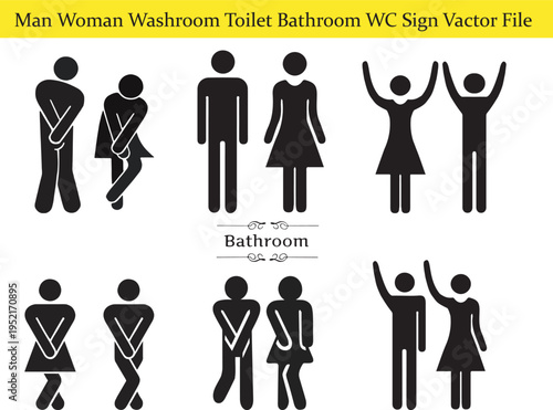 Man, Woman, Washroom, Toilet, Bathroom, WC Sign Vector set isolated on background.