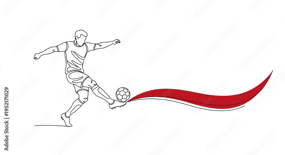 Fototapeta premium Continuous line art drawing of a soccer player kicking a football with a dynamic red wavy trail on a white background.