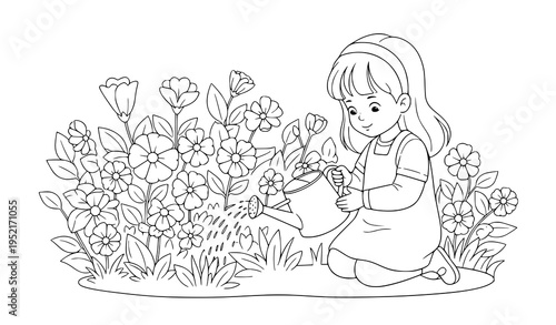 Playful girl watering flowers with watering can line art vector illustration for kids Cute girl watering garden flowers kneeling pose outline vector illustration for coloring page