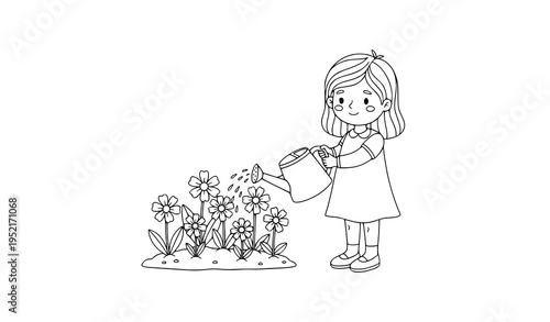Playful girl watering flowers with watering can line art vector illustration for kids Girl watering flowers with watering can outline garden illustration vector for coloring book