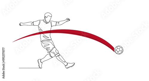 Continuous line drawing of a soccer player kicking a ball with a red trajectory line on a white background.