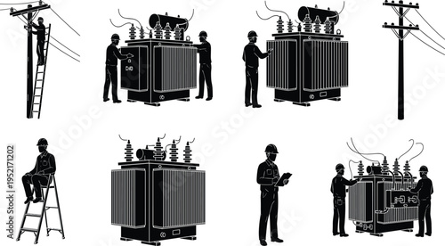 Black and white silhouettes of electrical utility workers maintaining transformers and power lines, industrial energy infrastructure inspection