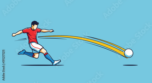 Illustration of a soccer player in a red shirt kicking a white ball with a yellow trajectory against a light blue background.