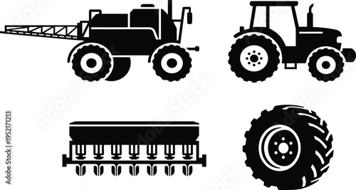 Black silhouette icons of agricultural machinery including tractor, sprayer vehicle, seed drill, and heavy-duty tire, farming equipment illustration for agriculture