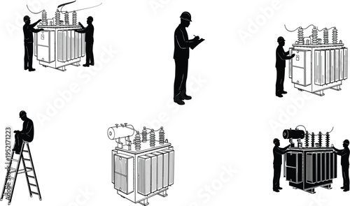 Black and white illustration of electrical workers inspecting and maintaining transformers with insulators and bushings