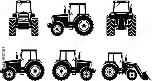 Black and white vector silhouettes of tractors in multiple orientations including front, side, rear, and loader attachment, agricultural machinery 