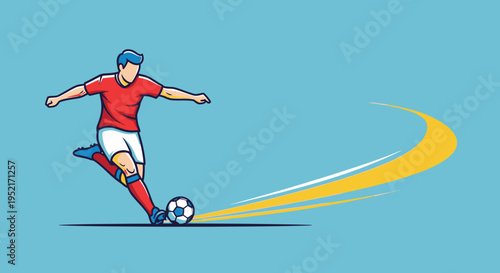 Illustration of a male soccer player in a red jersey kicking a football with a dynamic yellow motion trail on a light blue background.