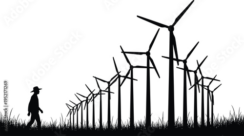 Silhouette of person walking through tall grass field with wind turbines in background, renewable energy landscape concept highlighting sustainable technology and clean power future
