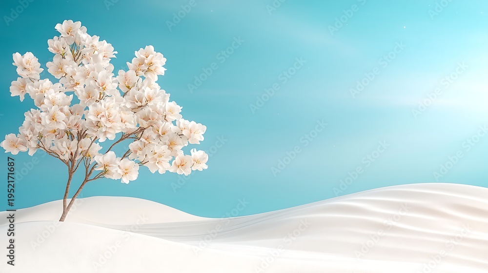 Fototapeta premium Isolated Blooming Flower Tree in Serene Desert Landscape Under Bright Blue Sky