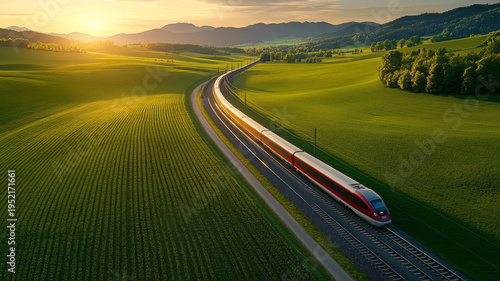 High speed train rural landscape sunset green field mountain travel summer peaceful