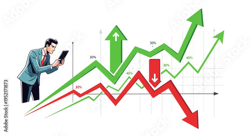 Businessman analyzing financial data graphs depicting market trends on white backdrop