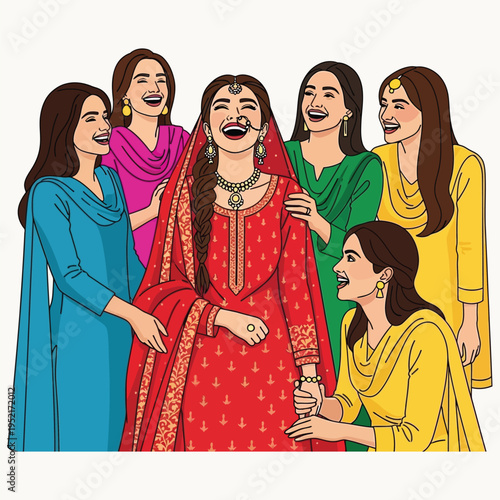 Happy Pakistani bride with bridesmaids laughing together at wedding celebration