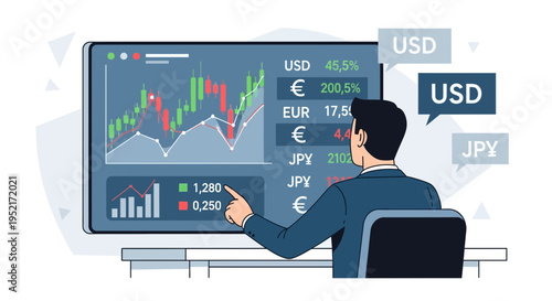 Businessman analyzing financial data on a large computer screen vector illustration