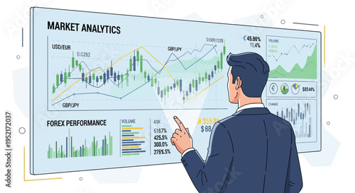 Businessman analyzing financial data on a large interactive display