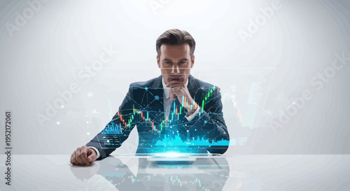 Businessman analyzing financial data on a tablet in a modern office environment