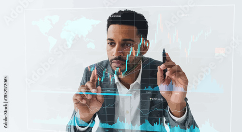 Businessman analyzing financial data on a transparent screen with a world map