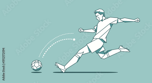 Geometric illustration of a male soccer player in action, kicking a football with a dynamic pose and trajectory lines on a light blue-green background.