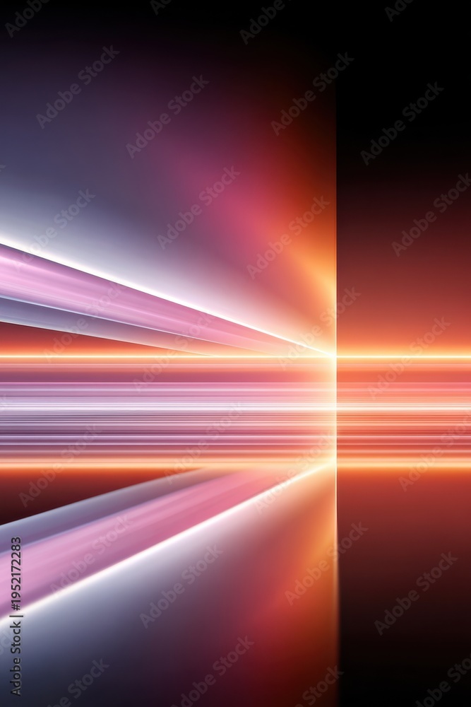 Fototapeta premium Futuristic neon light tunnel with pink and purple beams and a reflective floor