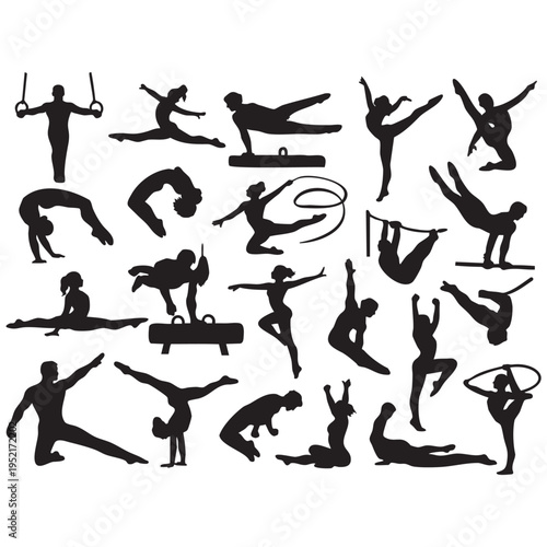 Black silhouettes of gymnasts performing various routines