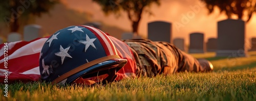 American flag-draped helmet and uniform laid on grass at military cemetery memorial
