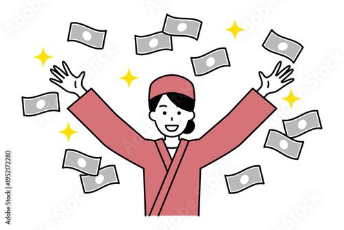 舞うお札とバンザイで喜ぶ和食屋の女性店員