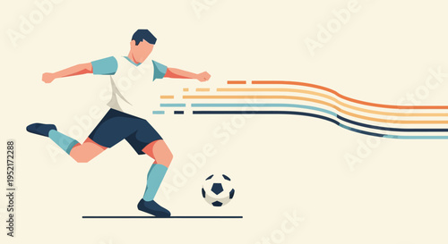 A male soccer player in a white and blue uniform kicking a soccer ball with dynamic motion lines in a flat illustration style.