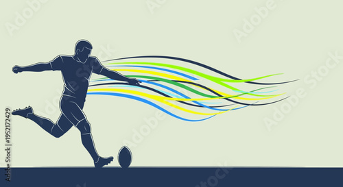 A dynamic graphic illustration of a rugby player kicking a ball with colorful abstract lines symbolizing motion and energy.