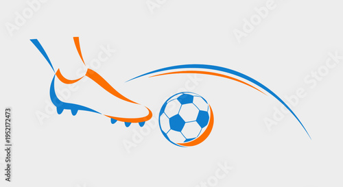 Stylized blue and orange graphic of a foot in a soccer cleat kicking a soccer ball with a motion arc on a light background.