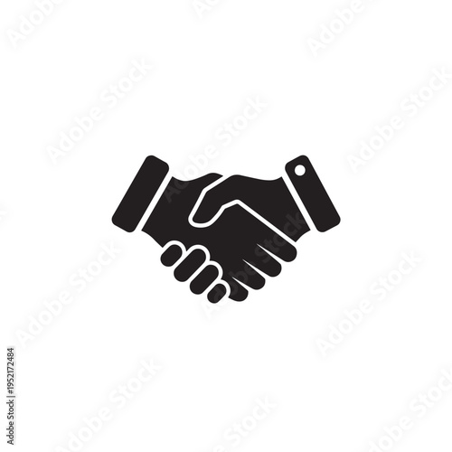 Solid Black Handshake Badge Icon, Simple 2D Flat Logo, Clean Silhouette Isolated on White Background