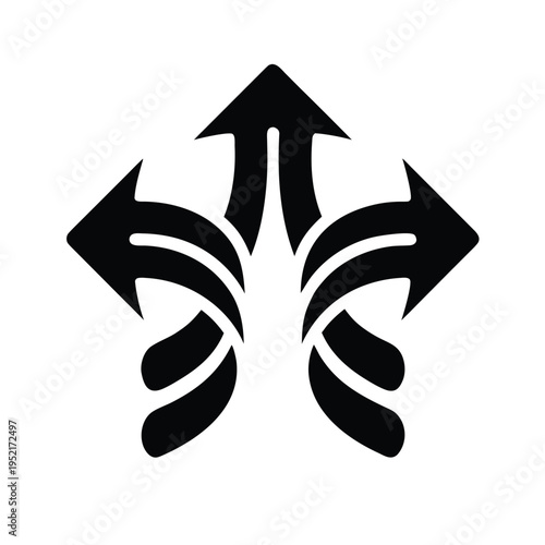 A minimalist black icon featuring three stylized arrows pointing in different directions upward