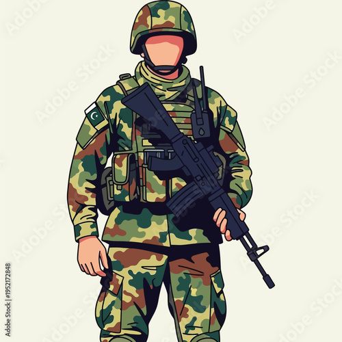 Pakistani soldier in camouflage uniform holding rifle with tactical gear