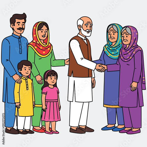 Extended muslim family meeting and greeting elders in traditional clothing illustration