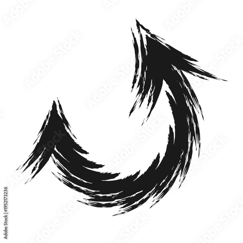 A rough hand drawn black arrow curved upwards isolated on a clean white background for design