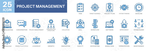 project management icon set, target audience, project plan, evaluation, stakeholder, and business. Simple vector symbols collection suitable for symbols and more