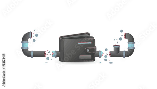 Conceptual illustration of a financial wallet connected to a broken money pipeline, representing interrupted cash flow, budget issues, or transaction disruptions in a digital economy