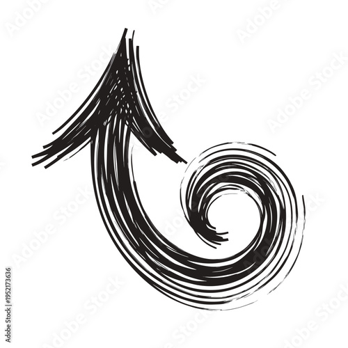 A hand drawn black sketch of a swirling arrow pointing upwards against a plain white background