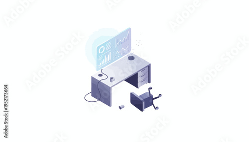 Navigating workplace challenges Isometric illustration of a data-rich office desk with advanced analytics, featuring a broken chair symbolizing operational stress and business obstacles