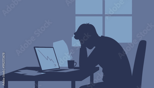 Silhouette of a stressed person with head in hands looking at a laptop displaying a downward trending graph on the screen in a dimly lit room