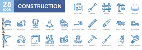 construction icon set, equipment, architecture, work, contractor, and build. Simple vector symbols collection suitable for symbols and more