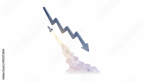 Visual representation of opposing market forces a rocket ascending to signify rapid growth and an arrow descending to illustrate financial decline or economic downturn in business