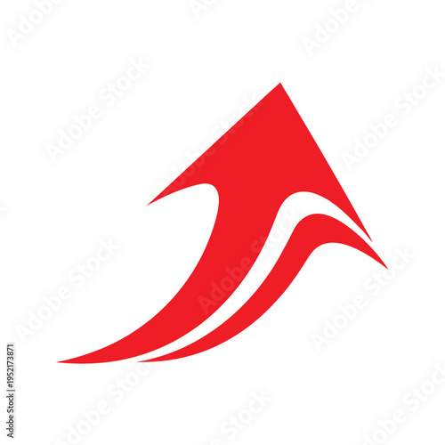 A minimalist red arrow icon design featuring a sharp upward trajectory and a curved swoosh shape
