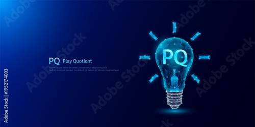 PQ Play Quotient symbol in light bulb style polygon glowing blue on a dark background. Emotional intelligence balance of child brain. Leadership development growth concept. Vector.