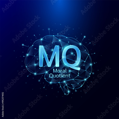 MQ Moral Quotient symbol in brain human. Style polygon glowing blue on a dark background. Intelligence balance of child. Leadership development growth concept. Vector.