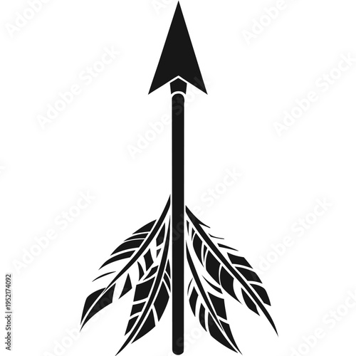 A minimalist black and white vector illustration of an archery arrow with detailed feather fletching