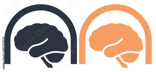 Two stylized brains under protective arches symbolizing thought protection and mental clarity.