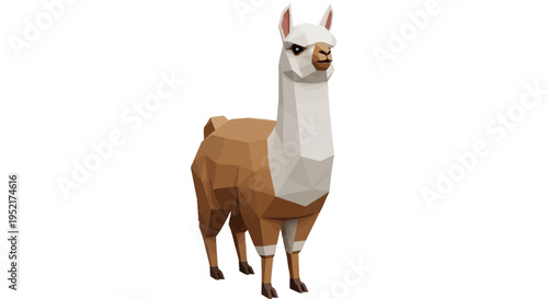 Brown and white llama standing still.