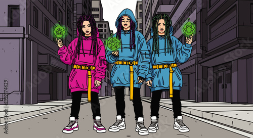 Three stylish young people in hoodies with glowing orbs in urban street, futuristic, cyberpunk style